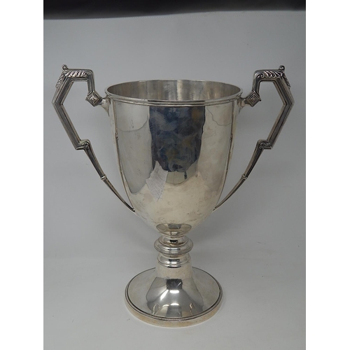 51 - HUGE Art Deco Silver Trophy Cup & Lid (NOT ENGRAVED). The Cup with Twin Angular Handles with Acanthu... 