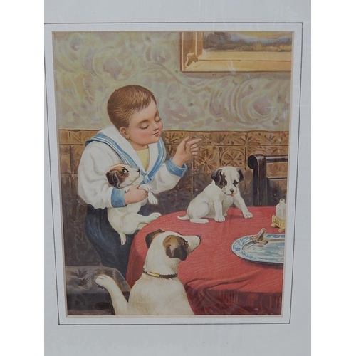 83 - Victorian Chromo Lithograph of a boy at a table with puppies together with a Victorian print entitle... 