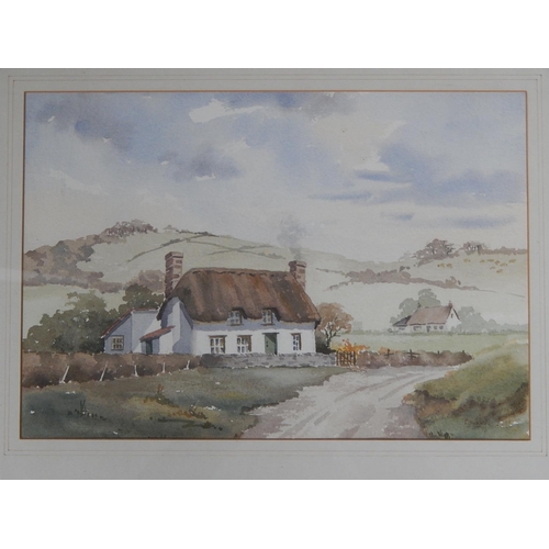 102 - Betty Scott: Signed Watercolour of a Devon Thatched Cottage: Framed & Glazed: Measures 52cm x 42cm