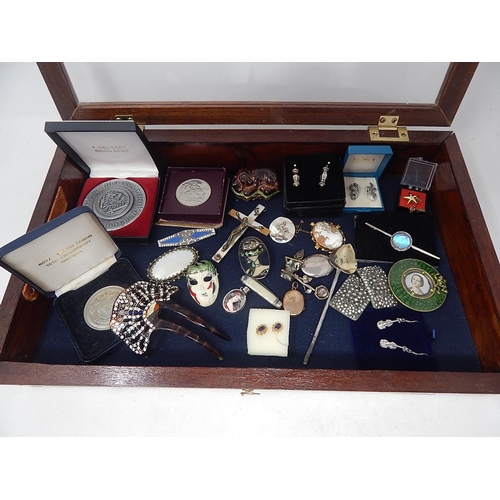 104 - Good Mahogany Table Top Glazed Cabinet complete with contents including Silver Jewellery, Medallions... 