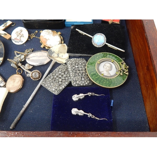 104 - Good Mahogany Table Top Glazed Cabinet complete with contents including Silver Jewellery, Medallions... 