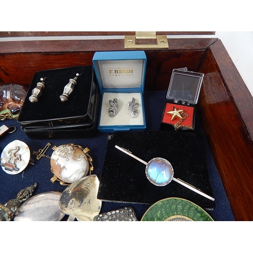 104 - Good Mahogany Table Top Glazed Cabinet complete with contents including Silver Jewellery, Medallions... 