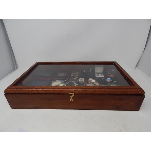 104 - Good Mahogany Table Top Glazed Cabinet complete with contents including Silver Jewellery, Medallions... 