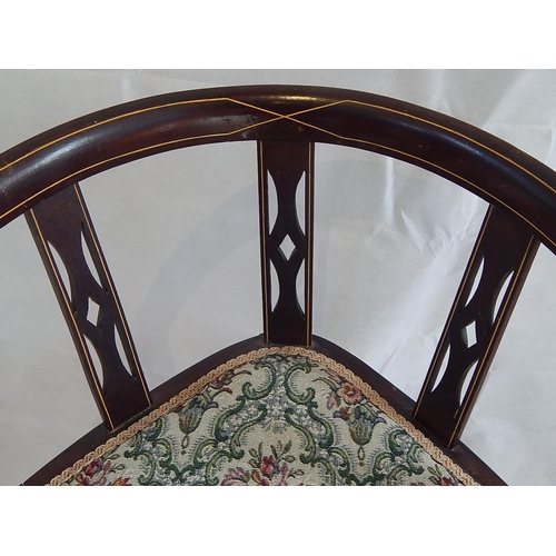 114 - Edwardian Corner Chair with Inlaid curved Rail & Pierced Splats. The seat with tapestry padded seat.... 