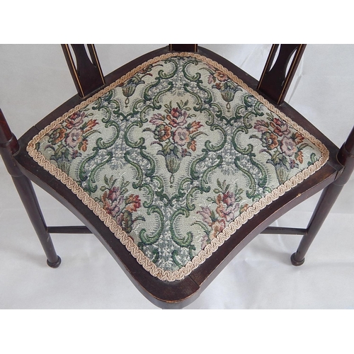 114 - Edwardian Corner Chair with Inlaid curved Rail & Pierced Splats. The seat with tapestry padded seat.... 