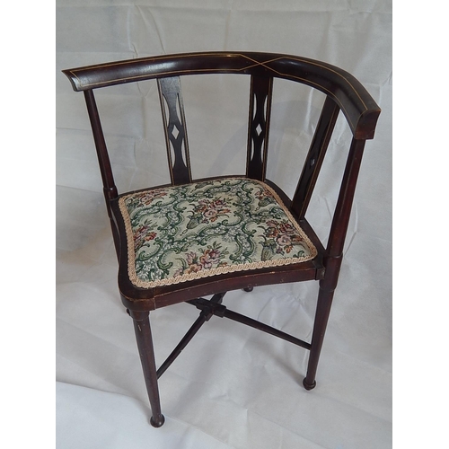 114 - Edwardian Corner Chair with Inlaid curved Rail & Pierced Splats. The seat with tapestry padded seat.... 