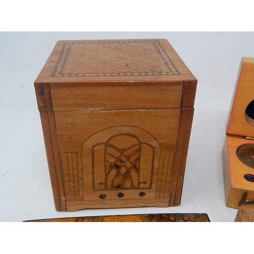 122 - Quanity of Wooden Boxes to Include a Hunting themed box, cigarette dispenser, weights etc