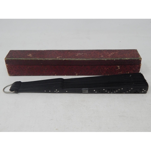 123 - Victorian Black Mourning Lace Fan with Wooden Sticks in original box.