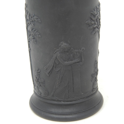 125 - Wedgwood Black Basalt Cylindrical Vase with Classical Figures: Impressed to Base: Height 19cm