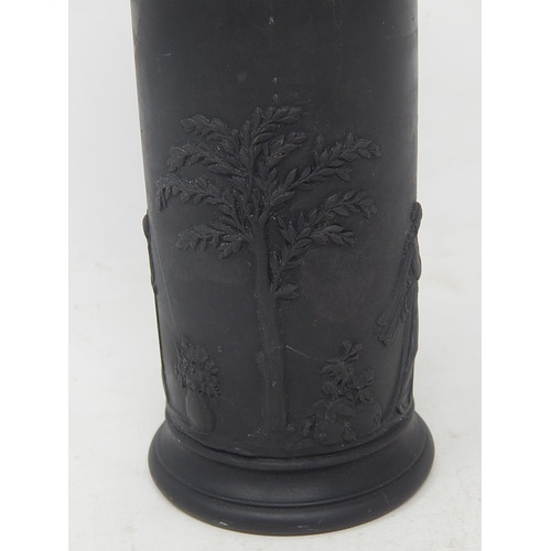 125 - Wedgwood Black Basalt Cylindrical Vase with Classical Figures: Impressed to Base: Height 19cm