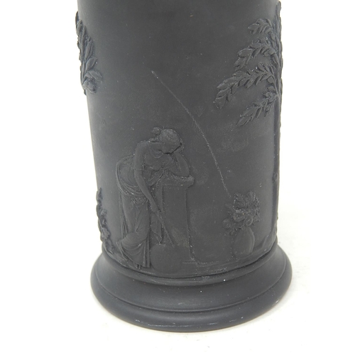 125 - Wedgwood Black Basalt Cylindrical Vase with Classical Figures: Impressed to Base: Height 19cm