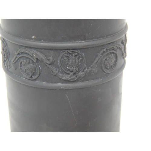 125 - Wedgwood Black Basalt Cylindrical Vase with Classical Figures: Impressed to Base: Height 19cm