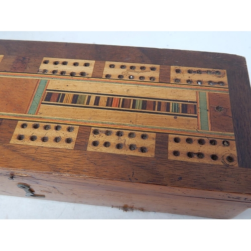 127 - Late C19th Inlaid Crib Board/Box with Lidded interior containing ivory & wooden pegs 26cm wide toget... 