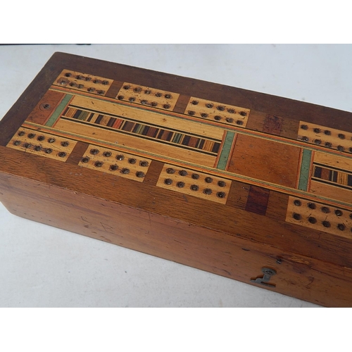 127 - Late C19th Inlaid Crib Board/Box with Lidded interior containing ivory & wooden pegs 26cm wide toget... 