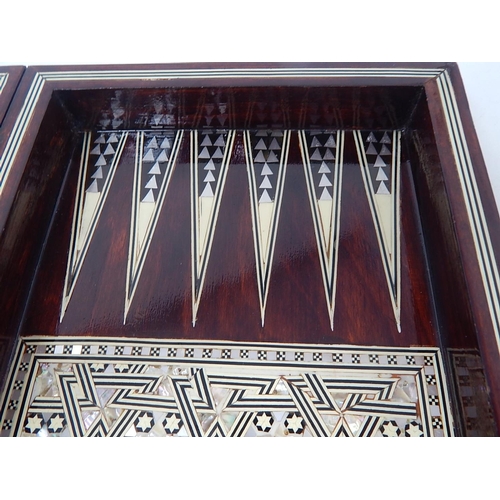 131 - Mother of Pearl Inlaid Folding Backgammon/Chess Board/Set: Measures 35cm x 35cm