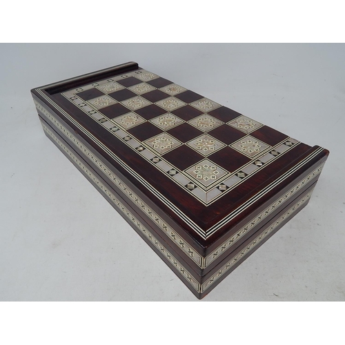 131 - Mother of Pearl Inlaid Folding Backgammon/Chess Board/Set: Measures 35cm x 35cm