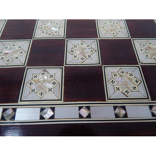 131 - Mother of Pearl Inlaid Folding Backgammon/Chess Board/Set: Measures 35cm x 35cm