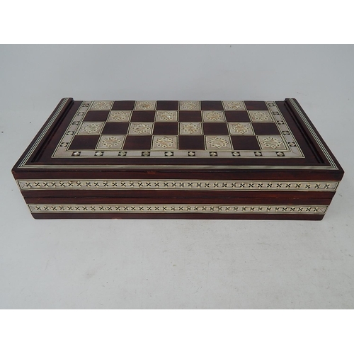 131 - Mother of Pearl Inlaid Folding Backgammon/Chess Board/Set: Measures 35cm x 35cm