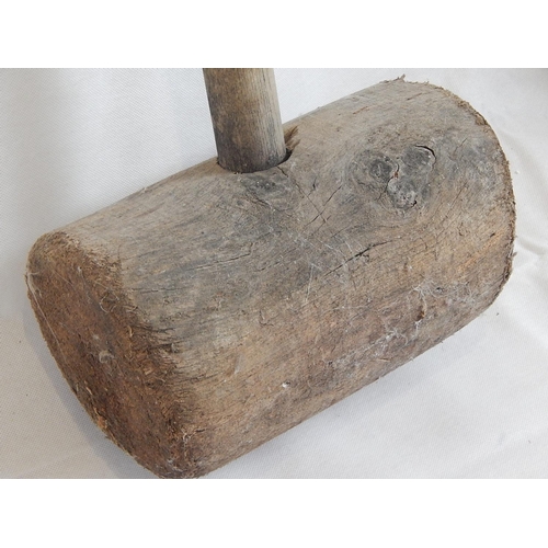 150 - Huge Antique Wooden Mallet: Measures 106cm high: Head 30cm wide.