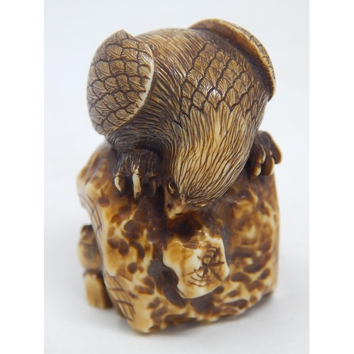 154 - Japanese Signed Netsuke of an Eagle atop a Rock with Man Hiding Below: Edo/Meiji Period: Measures 4.... 