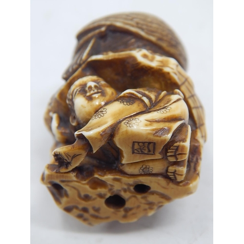 154 - Japanese Signed Netsuke of an Eagle atop a Rock with Man Hiding Below: Edo/Meiji Period: Measures 4.... 