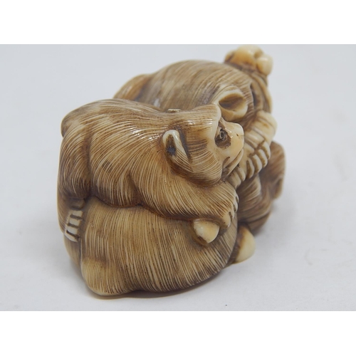 156 - Japanese Signed Netsuke of a Wild Boar with a Monkey on its back: Edo/Meiji Period: Measures 4.3cm w... 