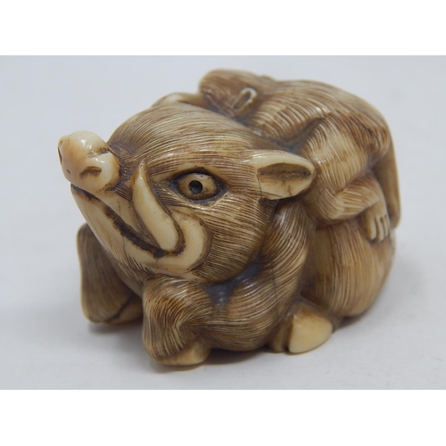 156 - Japanese Signed Netsuke of a Wild Boar with a Monkey on its back: Edo/Meiji Period: Measures 4.3cm w... 