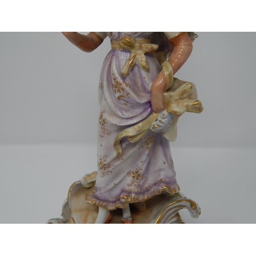 160 - 19th Century German Porcelain Lamp Base depicting a Lady holding the light above: Measures 27.5cm hi... 