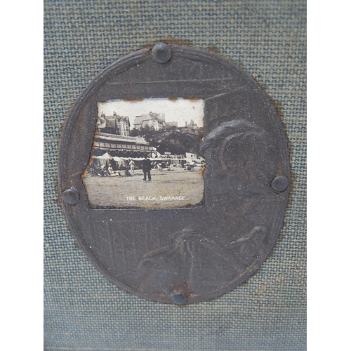 168 - Edwardian Stationary Box c.1905 with bronzed metal panel depicting a child looking at a scene of 