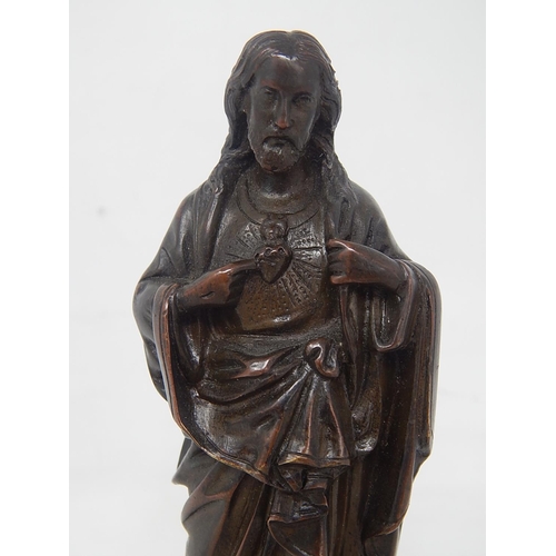 174 - Antique Bronze Figure of Jesus on Circular Marble Base: Height 17.5cm