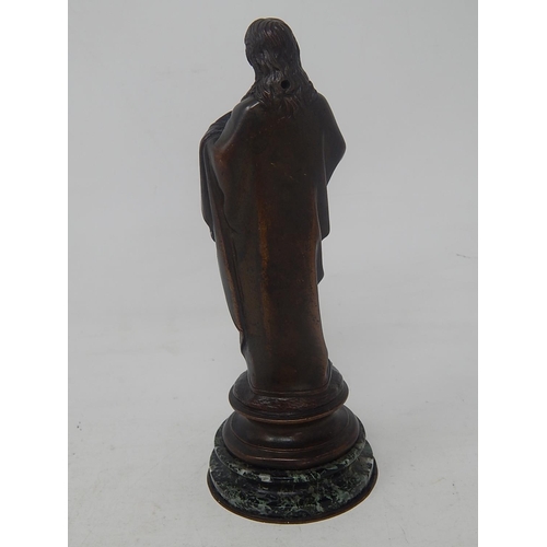 174 - Antique Bronze Figure of Jesus on Circular Marble Base: Height 17.5cm