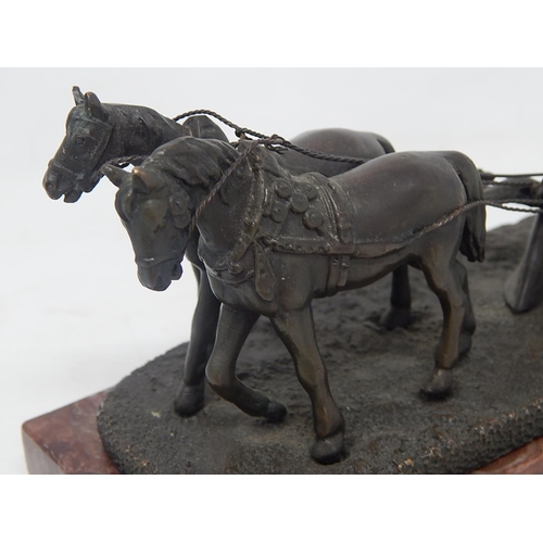 175 - Bronze Group of a Boy Ploughing with Two Horses on Marble Base. Possibly American. Measures 22.8cm x... 