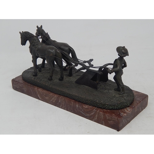 175 - Bronze Group of a Boy Ploughing with Two Horses on Marble Base. Possibly American. Measures 22.8cm x... 