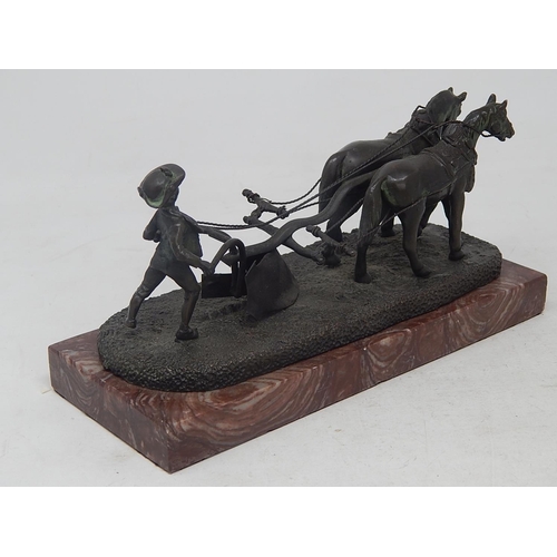 175 - Bronze Group of a Boy Ploughing with Two Horses on Marble Base. Possibly American. Measures 22.8cm x... 