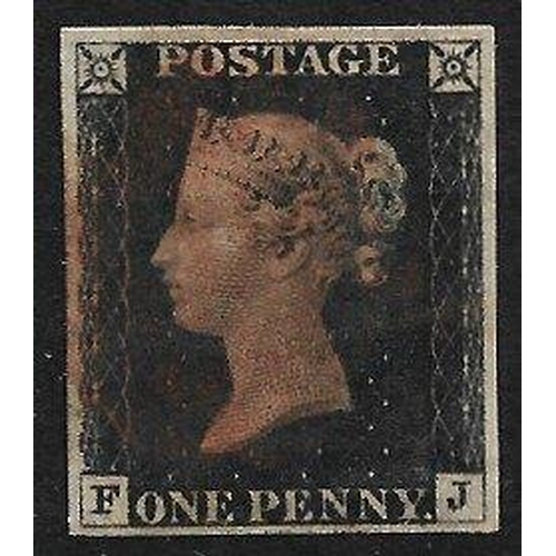 200 - GB Queen Victoria Penny Black(FJ) Used plate 2, watermark SC upright, red Maltese Cross, 4 Margins a... 