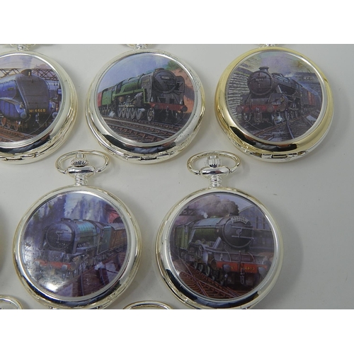 13 - Collection of 9 Top Wind Pocket Watches. The Front Covers Depicting Steam Trains & The Rear Covers w... 