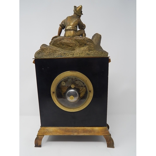 15 - C19th French Ormolu & Black Slate Clock. The White Enamel Dial with Roman Numerals & Marked 