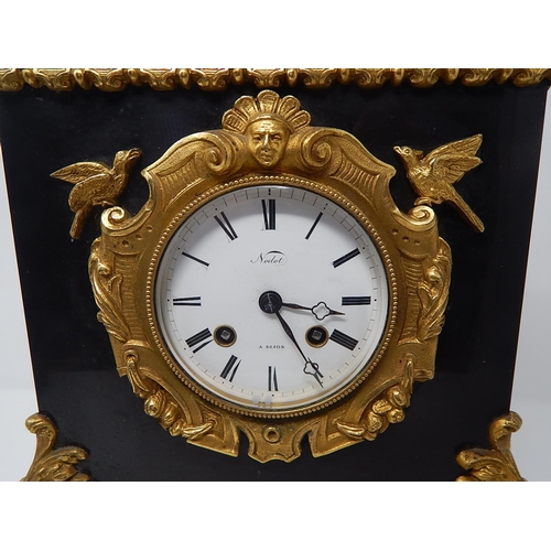 15 - C19th French Ormolu & Black Slate Clock. The White Enamel Dial with Roman Numerals & Marked 