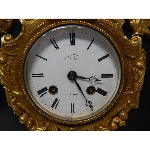 15 - C19th French Ormolu & Black Slate Clock. The White Enamel Dial with Roman Numerals & Marked 