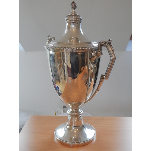 27 - HUGE Art Deco Hallmarked Silver Trophy Cup & Lid (NOT ENGRAVED). The Cup with Twin Angular Handles w... 