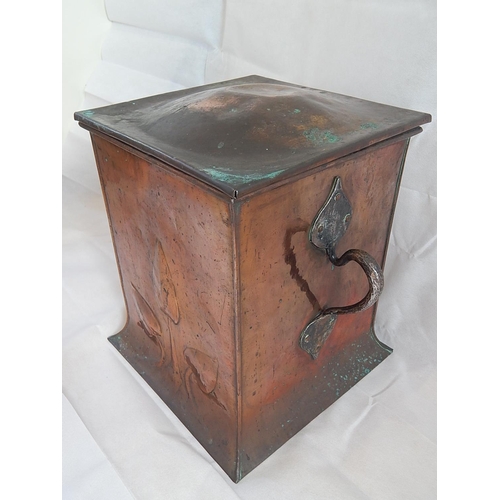 413 - Art Nouveau Copper Log Bin c.1905 with Twin Whiplash Handles, Hinged Lid & Inner Liner. Measures 40c... 