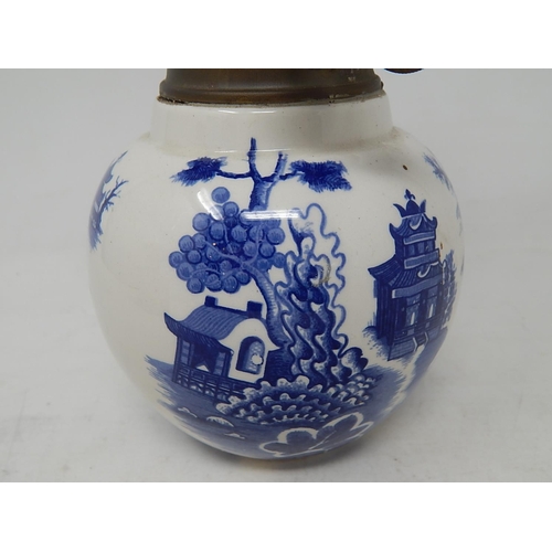 419 - Royal Cauldon Willow Pattern Ceramic Oil Lamp with Duplex Burner & Glass Funnel. Measures 42cm high