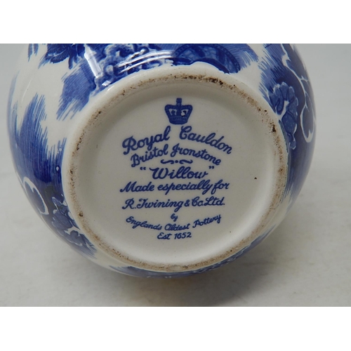 419 - Royal Cauldon Willow Pattern Ceramic Oil Lamp with Duplex Burner & Glass Funnel. Measures 42cm high