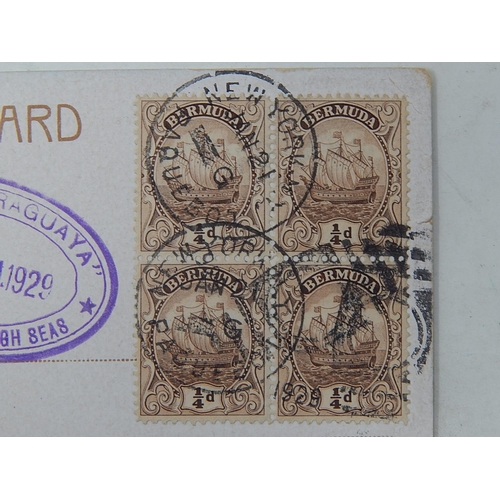 302 - Bermuda: 1929 PPC (Scene at Fairylands) bearing block of 4 x 1/4d badges tied New York Paquebot and ... 