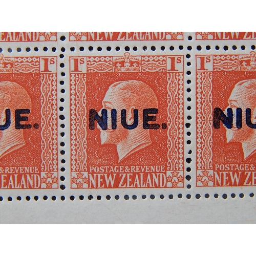 344 - NIUE: 1917 - 21 1/- vermilion perf 14 x 13½ in a corner block of 6. SG 31. Cat £102.