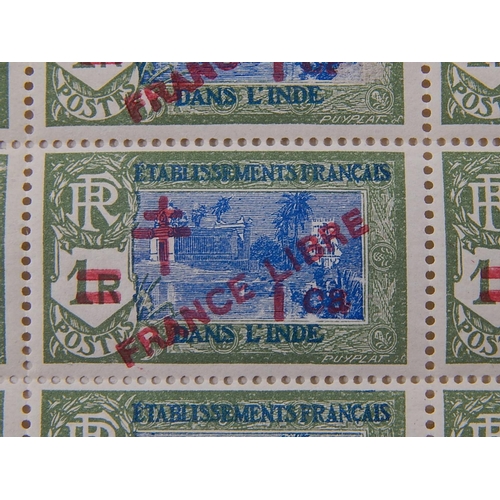 360 - French Colonies: FR. IND. SETTS 1943 1ca on 1r deep blue and grey green in blocks of 20 and 25um. SG... 