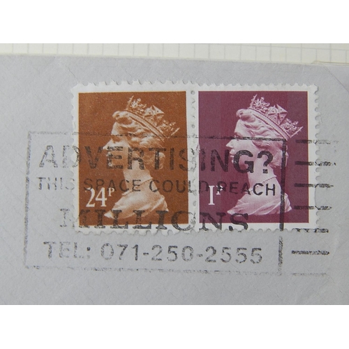 367 - Covers: 1994 envelope to Colchester bearing 24p Machine forgery plus 1d tied Watford slogan cancel.