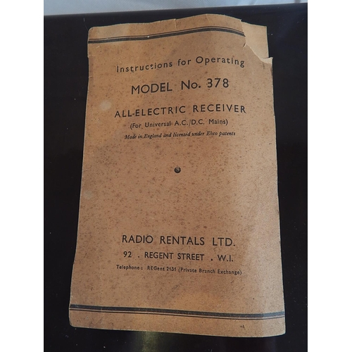 471 - 1930's Brown Bakelite Radio together with original instructions from Radio Rentals. Measures 46cm x ... 