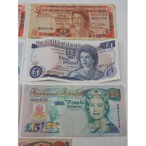 87 - British Bank Notes: Gibraltar £10 Note: Gibraltar £5 Notes (2) Gibraltar £1 Notes (2) Jersey £1 Note... 