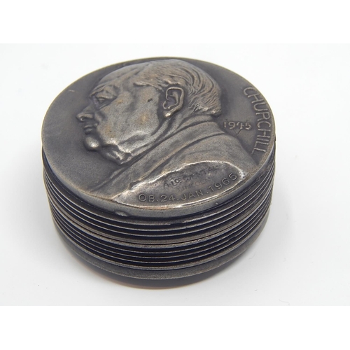 501 - Winston Churchill Screw Thread Metal Snuff Box of circular form depicting Churchill in profile on bo... 